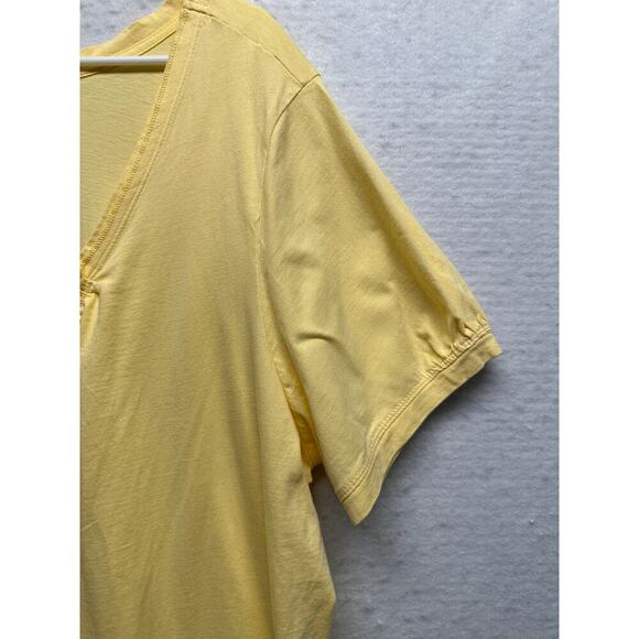 Woman Within Yellow Short Sleeve Top 3X Size 100% Cotton V-Neck Gathered Detail - Picture 2 of 7